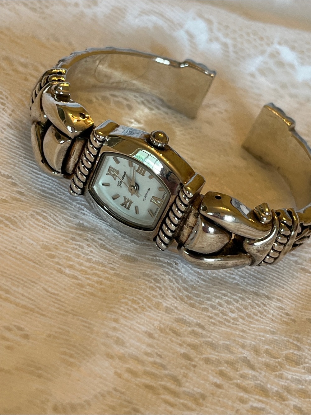 Geneva Silver-Tone Cuff Bracelet Watch with White Dial